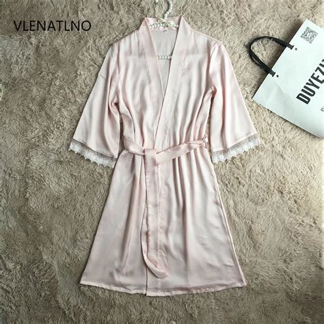 Sexy Ladies Lace Satin Robe Gown Solid Soft Nightgown Nightwear Kimono