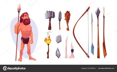 Caveman Weapon Set Isolated White Background Cartoon Vector ...