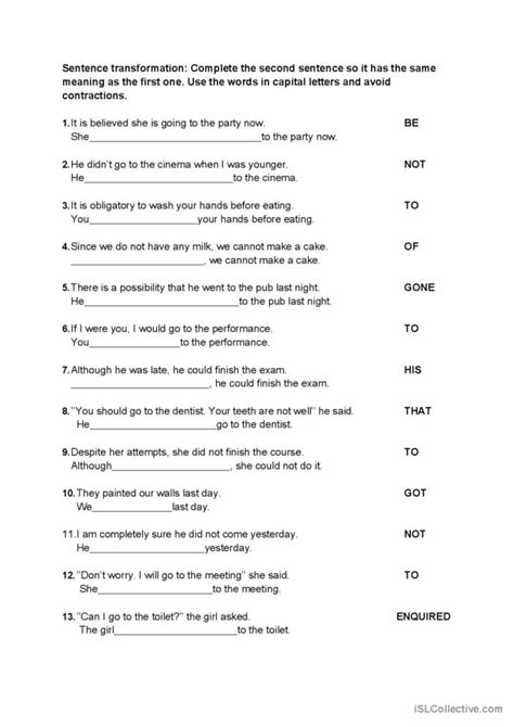 Sentence Transformation B Sentence English Esl Worksheets Pdf Doc