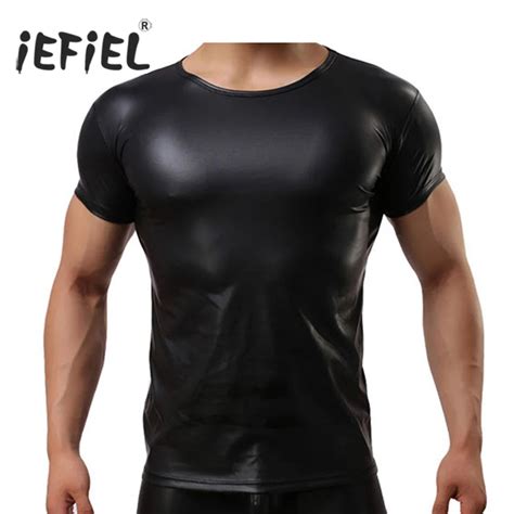 Iefiel Cool Sexy Tops For Mens Faux Leather Short Sleeve T Shirts Tops Sex Gay Men Undershirts