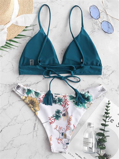 ZAFUL Plant Print Lace Up Bikini Set GREENISH BLUE PIG PINK WHITE