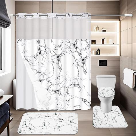 Alishomtll 4 Pcs Black White Shower Curtain Set With Non Slip Rug