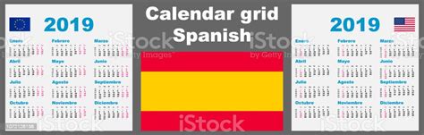 Calendar Spanish Hispanic 2019 Set Grid Wall Iso 8601 Illustration