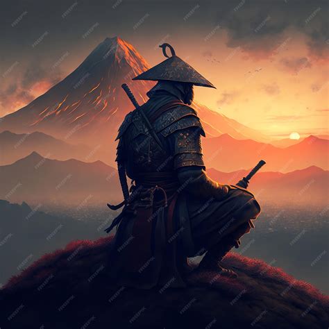 A painting of a samurai sitting on a hill with a mountain in the