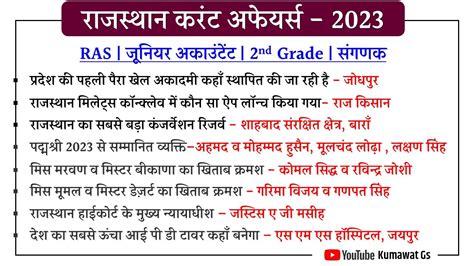 RAJASTHAN CURRENT AFFAIRS 2023 CURRENT AFFAIRS RAJASTHAN RAS JR