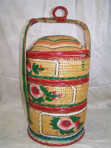 1930s Oriental Bamboo Sewing Basket 3 Compartments Hand Painted Nice