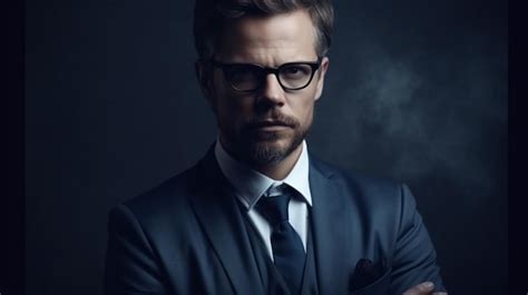 Premium Ai Image A Man In A Suit And Glasses Stands With His Arms Crossed In Front Of A Dark