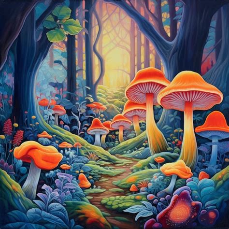 Pintura De Un Bosque Con Hongos Y Un Camino Que Conduce A Ellos