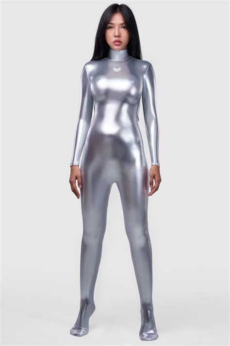 Hiro Gato Shiny Metallic Spandex Catsuit Silver Burning Suit Rave Party