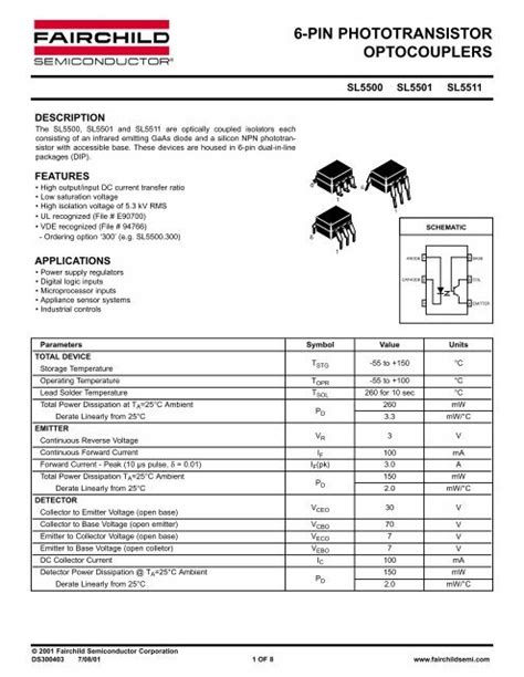 Pin Phototransistor Optocouplers Datasheet Catalog