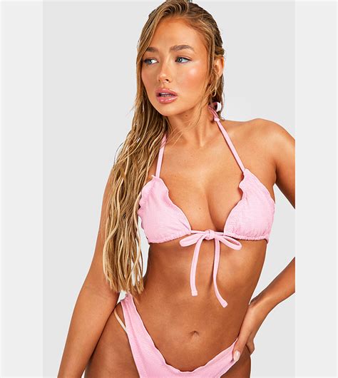 Buy Boohoo Floral Embossed Ruffle Triangle Bikini Set In Pink