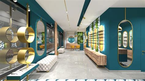 The Interior Of A Store With Blue Walls And Gold Accents