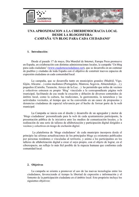 Una Aproximacion A La Ciberdemocracia Local Desde La Blogosfera Pdf