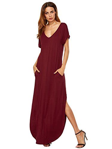 Verdusa Womens Casual V Neck Side Split Beach Long Maxi Dress Burgundy