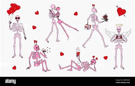 Set Of Funny Skeletons With Decor For Valentines Day Cute Character