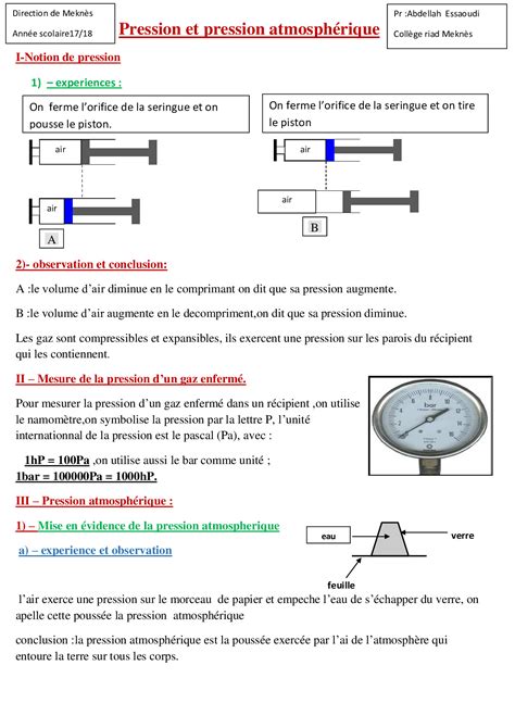 La pression et la pression atmosphérique Cours 4 AlloSchool