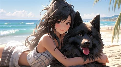 Premium AI Image | Colorful Anime Coastal Escapade Girl with Dog on Beach in Japanese Kawaii Style