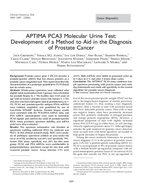 (PDF) APTIMA PCA3 Molecular Urine Test: Development of a Method to Aid in the Diagnosis of ...