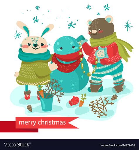 Cartoon rabbit and bear making snowman Royalty Free Vector