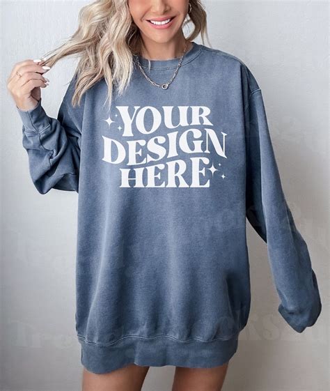 Comfort Colors 1566 Mockup Blue Jean 1566 Sweatshirt Mockup Comfort Colors Blue Jean Mockup