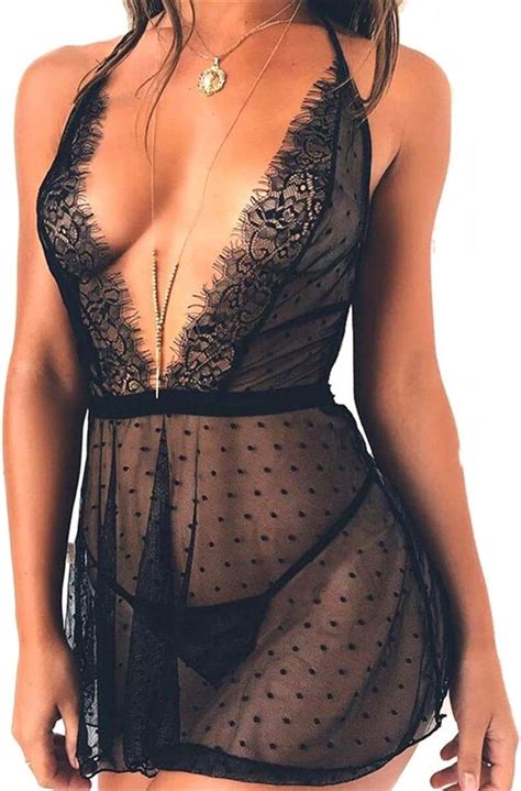 Mujer Sexy Lace Lencería Hot Halter Picardias Camisón Transparente Cuello V Bata Lunares Pijama