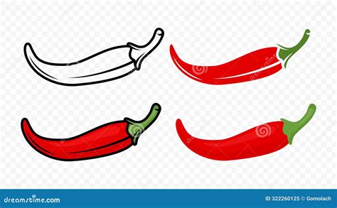 Cartoon Red Hot Chili Pepper Icon Set Closeup Isolated Hand Drawn Spicy Chili Pepper Vector