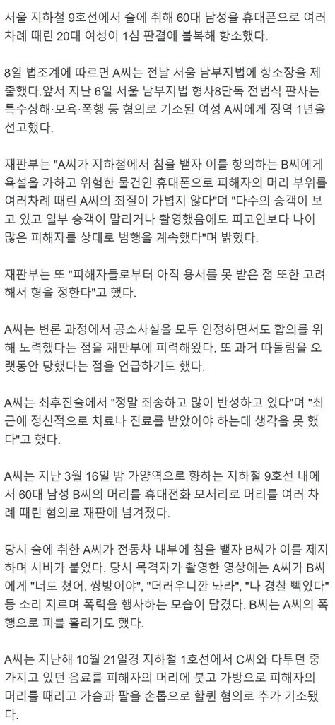 경찰 빽 있다 9호선 폭행녀1심 징역 1년 불복해 항소 정치시사 에펨코리아