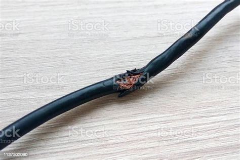 Kabel Listrik Hitam Rusak Di Meja Kayu Atau Latar Belakang Lantai Kabel