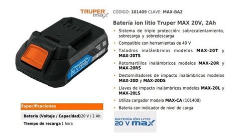 Batería Ion Litio Truper Max 20v 2ah Truper 101409 Ap Herramientas