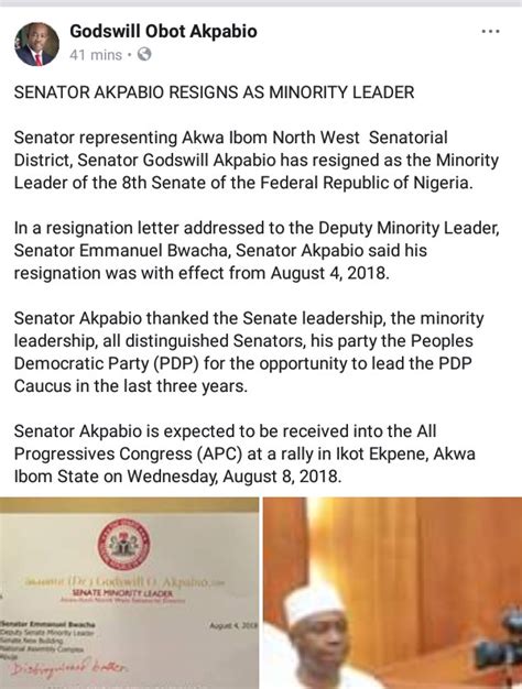 Sen Akpabio Says Why Resignation Letter As Minority Leader Reads 4th And Not 7th Politics