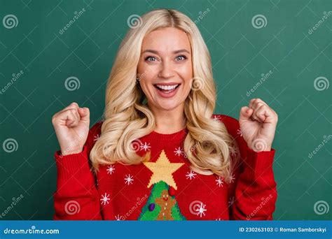 Portrait Of Cheerful Smiling Good Mood Mature Woman Raise Fists In