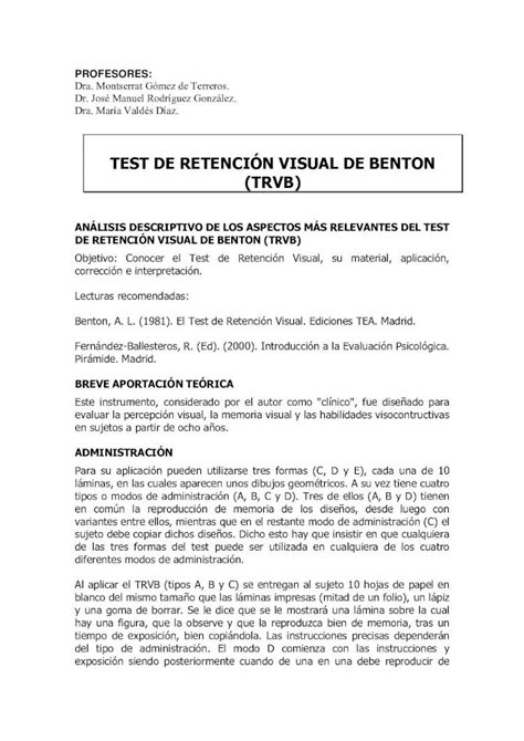 PDF TEST DE RETENCIÓN VISUAL DE BENTON TRVB ctica sobre el Test