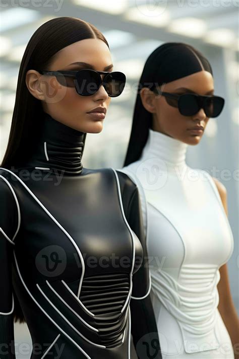 Futuristic women in monochrome outfits showcasing cybernetic innovation ...