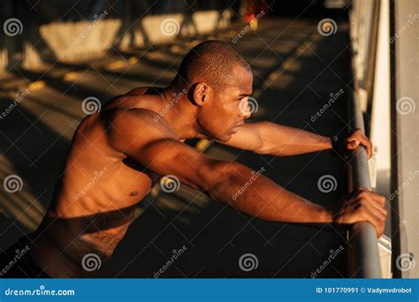 Portrait Of A Tired Sweaty Half Naked African Sportsman Resting Stock Image Image Of Jogging