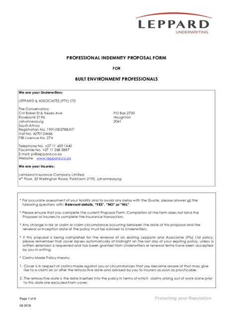 Fillable Online PROFESSIONAL INDEMNITY PROPOSAL FORM Fax Email Print