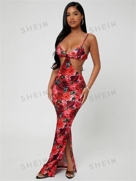 Shein Sxy Summer Front Knotted High Slit Floral Tight And Sexy Holiday