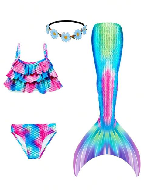 Mermaid Tails For Swimming 4Pcs Girls Swimsuits Princess Bikini Bathing