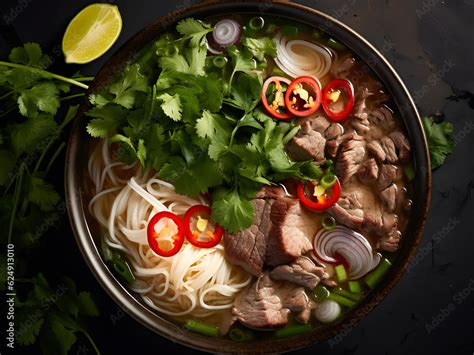 Pho Noodles Menu. Vietnamese noodle bowl with beef, Top view pho ...