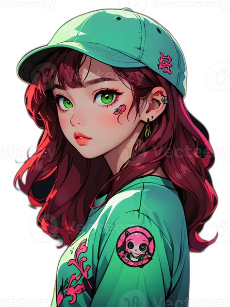 Cartoon beautiful female teenager character with red hair and green ...