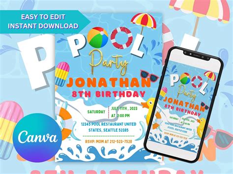 Digital Pool Birthday Party Invitation Summer Party Adult Etsy