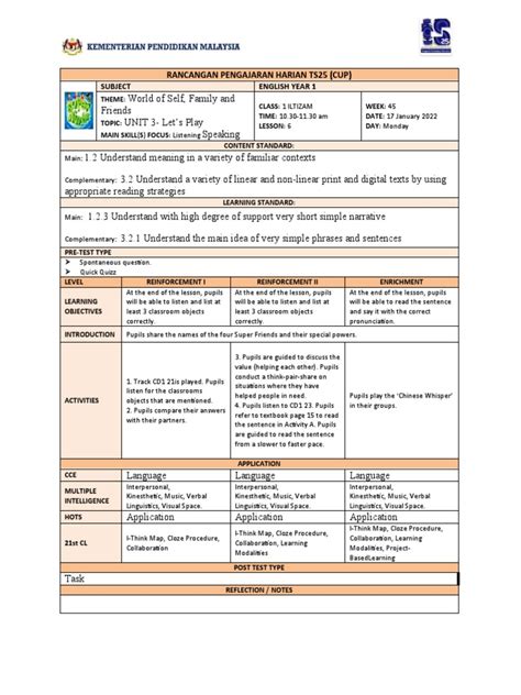 Subject English Year 1 Rancangan Pengajaran Harian Ts25 Cup Pdf