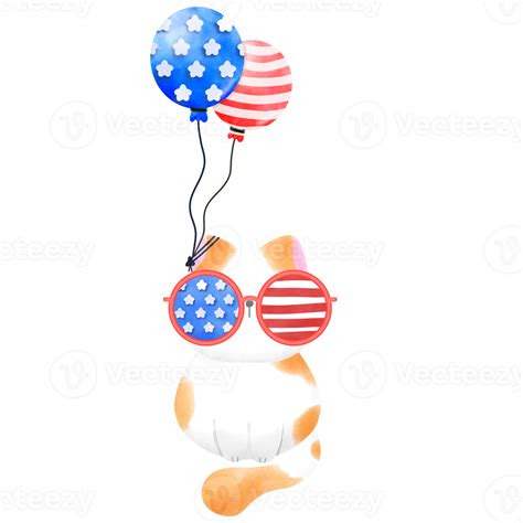 Happy 4th Of July Cute Cat Watercolor Illustration Element 25257465 Png