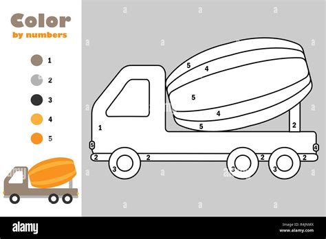 Concrete Mixer In Cartoon Style Color By Number Education Paper Game