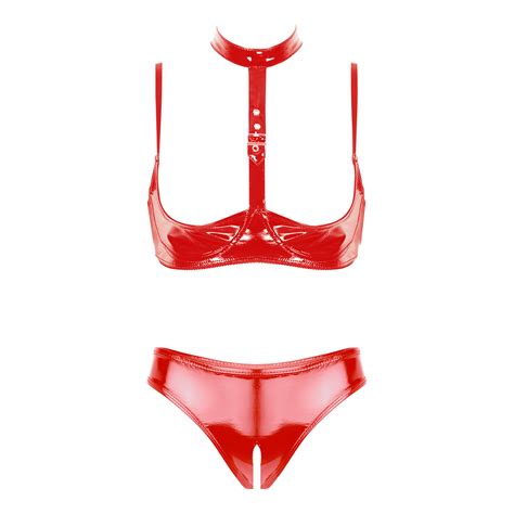 Maillot de bain Ensemble de sous vêtements en cuir verni pour femmes Lingerie sans entrejambe