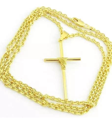 Cadena Para Hombre 70 Cm 2 Mm Cruz De 4 Cm Chapada En Oro Cr577