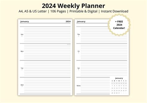 2024 Weekly Planner, Dated Yearly Calendar, 2024 Calendar, WO2P, Annual Planner, Week at a ...