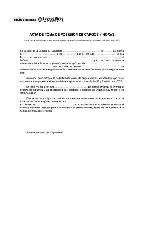 D A Act Pos Ejemplo Acta De Toma De Posesi N De Cargos Y Horas Se