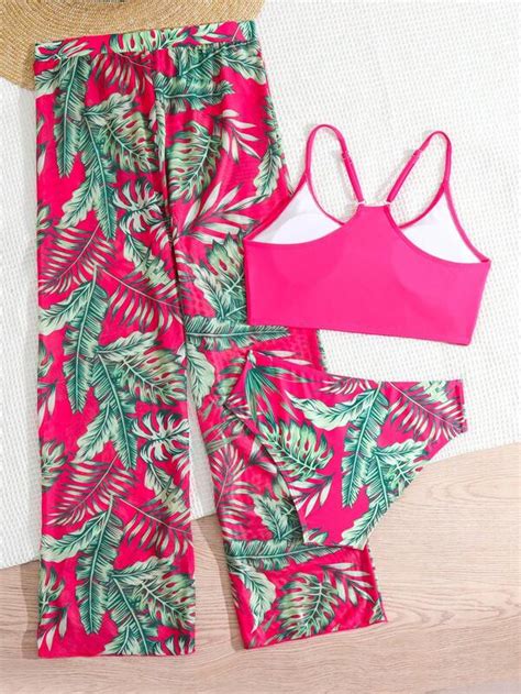 Shein Teen Girls Tropical Print Bikini Swimsuit With Cover Up Pants