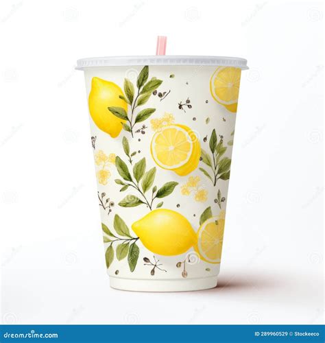 Realistic Lemon Leaf Pattern Cup Mockup On White Background Stock