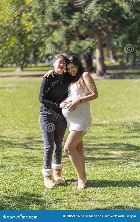 Happy Pregnant Lesbian Couple At Outdoors Stock Image Image Of